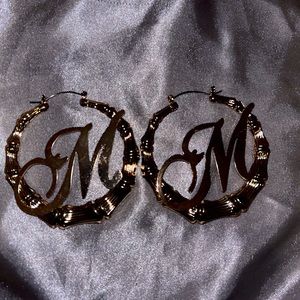 Yellow Gold Letter Decor Bamboo joint Hoop Earrings